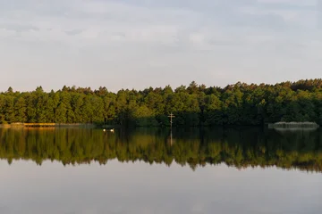 Scenic view of an orthodox cross standing in Chaika Lake with a pair of swans swimming nearby at sunrise, Curonian Spit © castenoid