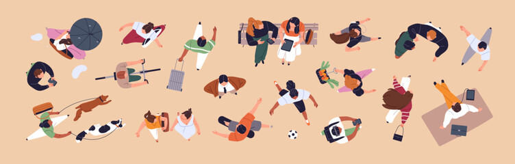 Obraz premium People top view set. Overhead of different standing, going, hurrying and running men and women. Above of walking dogs, having a picnic and cycling girls and boys. Flat isolated vector illustrations