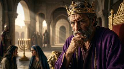 Obraz premium Bible, A high-contrast portrait of King Solomon, his brow furrowed in deep thought. He is resting his chin on his hand, looking down at the two women with a keen, discerning gaze. 