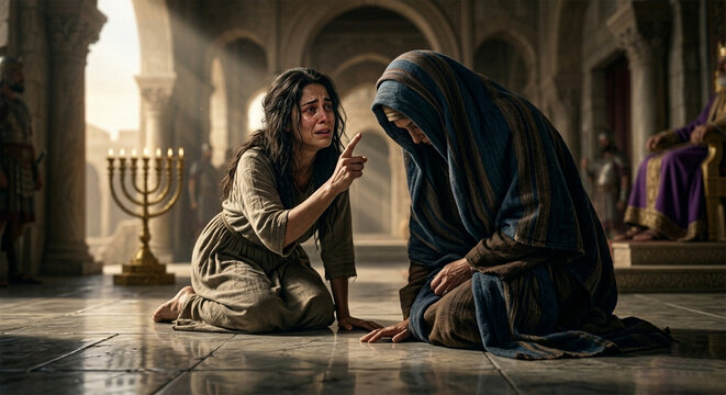 Bible, A dramatic, close-up photograph of the two mothers kneeling on the polished stone floor. One woman is gesturing upward with an expression of desperate, tearful conviction, 
