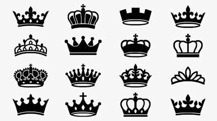 Obraz premium Minimalist Black and White Collection of 20 Unique Crown Symbols and Royal Emblems for Design Projects