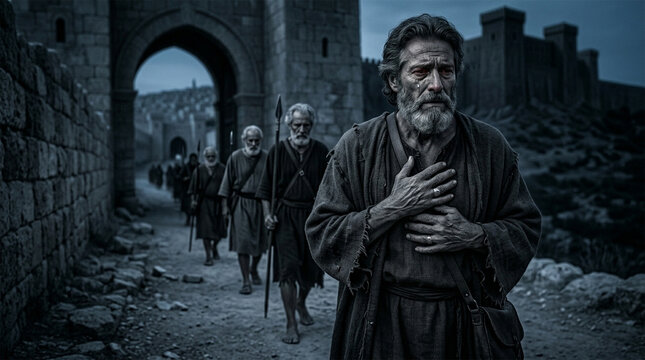 Bible, A poignant, low-key photograph of an aging King David, dressed in mourning attire, walking barefoot and weeping as he flees Jerusalem. 