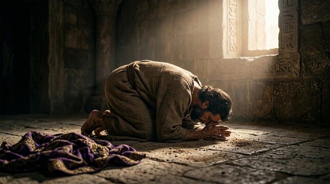 Bible, A powerful, raw photograph of David kneeling on the dusty stone floor of his palace, his royal robes discarded, wearing simple sackcloth.