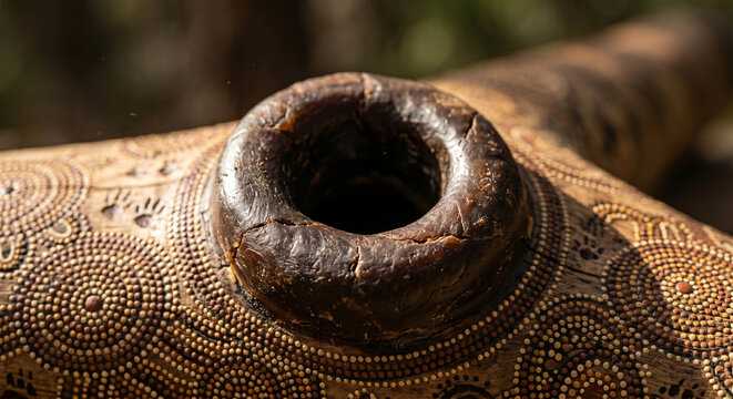 An extreme close-up view of the didgeridoo&rsquo;s mouthpiece, focusing on the dark, molded texture of the natural beeswax,