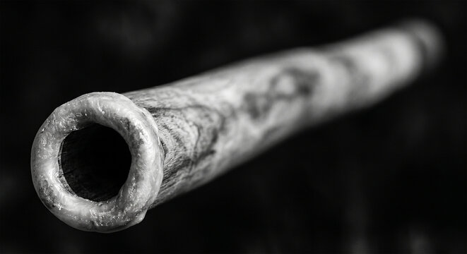 A high-contrast black and white photograph focusing on the raw, organic geometry of a didgeridoo