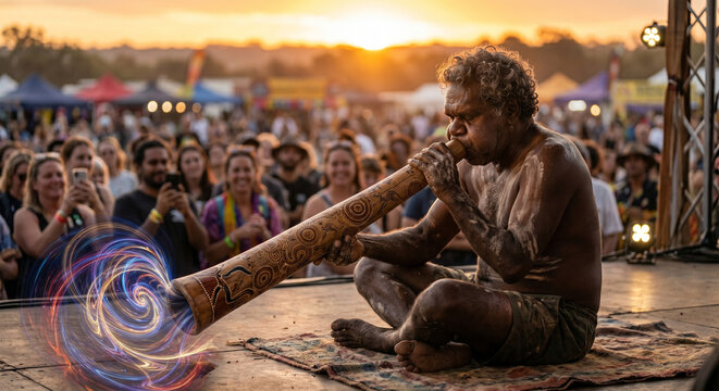 A dynamic action shot of a musician performing at a cultural festival, capturing the intense, circular-breathing posture and the rhythmic vibration of the instrument didgeridoo