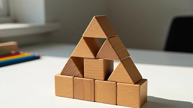 Wooden blocks stacked into a pyramid structure on a white table.
