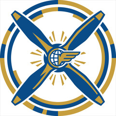 Vibrant blue and gold airplane propeller logo with globe and wing, symbolizing travel and aviation, in a circular emblem. © Mahamudul Hasan 