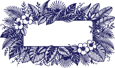 Tropical botanical frame vector, exotic jungle leaves and hibiscus flowers, hand-drawn indigo blue foliage border, natural summer design element isolated on White Background © Abida