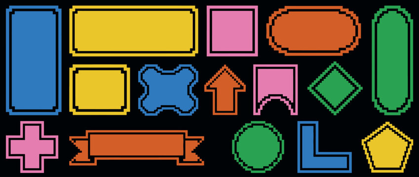Pixel art UI elements set, colorful 8-bit game buttons and frames on black background, retro gaming interface assets, 15 digital pixelated shapes for video game design and web apps