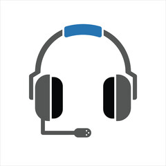 Fototapeta premium A professional vector illustration of a gray and blue headset with microphone on a white background, symbolizing communication and customer support in a modern tech setting.