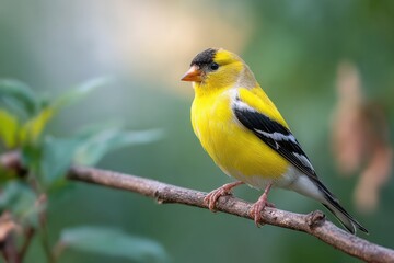 Obraz premium Golden Finch on a Thin Branch, Left-Facing Gaze, Tranquil Outdoor Scene