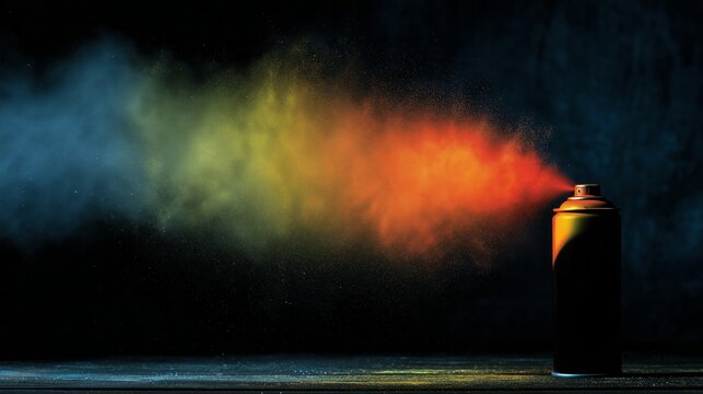 Colorful spray paint creates a cloud of vibrant hues in a dark setting during an art session
