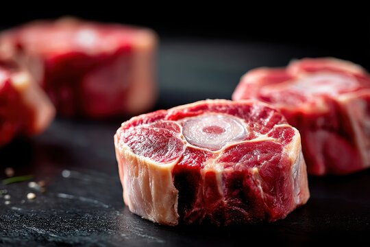 High-contrast studio shot of uncooked osso bucco cuts, deep red meat and marrow against a matte black backdrop