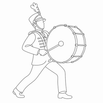 Continuous line drawing of a marching band bass drummer wearing a formal uniform with shako hat and plume, playing a large drum while marching, minimalist vector illustration.