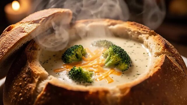 Steaming hot creamy broccoli cheese soup served in a hollowed-out bread boule.