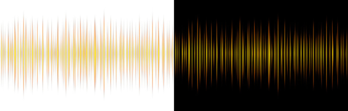 Abstract golden audio soundwave overlay, twin digital music equalizer bars on black background wide banner.Symmetrical double glowing audio rhythm track layout, premium golden soundtrack level indicat