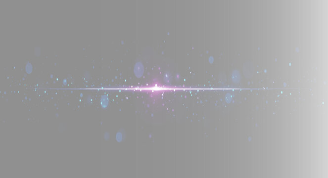 Cinematic anamorphic lens flare overlay, twin horizontal purple neon light streak with blue bokeh particles on grey background banner.  Symmetrical double cosmic stardust beam template