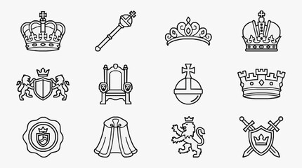 Obraz premium Elegant Black and White Line Art Collection of Royal Crowns Coats of Arms Thrones Scepters and Heraldic Symbols