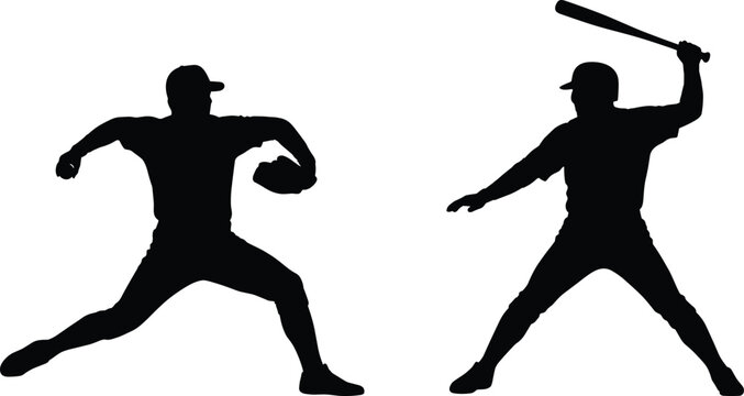 Baseball players black silhouettes set with professional pitcher throwing ball and batter holding bat vector illustration