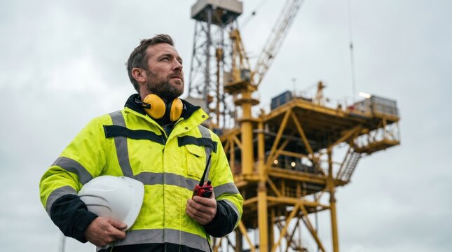 Confident construction worker in high visibility jacket holding walkie talkie and helmet looking up at cranes.