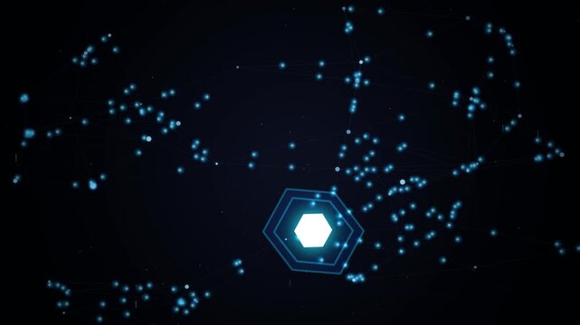 A futuristic digital interface displays glowing hexagons and data streams, illustrating advanced technology, innovation, and connectivity in a cybernetic environment for modern digital