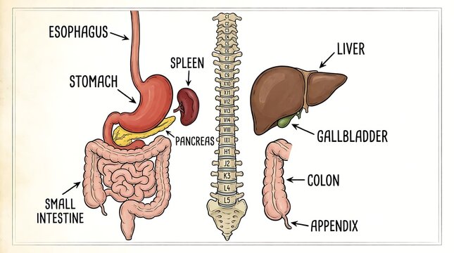 Medical illustration of human digestive system organs and spinal column anatomy