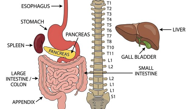Detailed educational diagram of human internal digestive organs and spinal