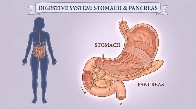 Human digestive system anatomy diagram featuring stomach and pancreas
