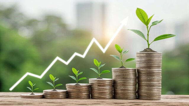 Small plants growing from stacks of coins arranged in ascending order, symbolizing financial growth and investment success.