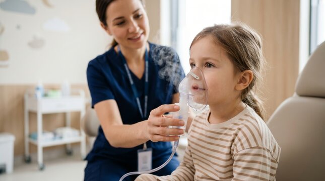 Nurse helping little kid with respiratory problem using nebulizer mask. Assistance during inhalation therapy in medical clinic. Treatment for asthma and respiratory illness in childhood.