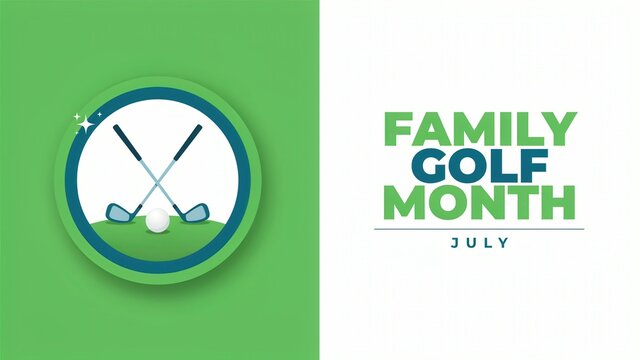 Family Golf Month July banner with golf club and ball icon on green background