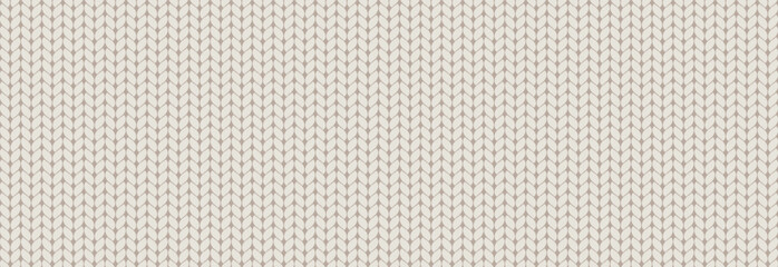 Fototapeta premium Cream knit texture banner imitating wool jersey fabric. Beige seamless pattern with cozy winter cloth loop stitch ornament for warm background.