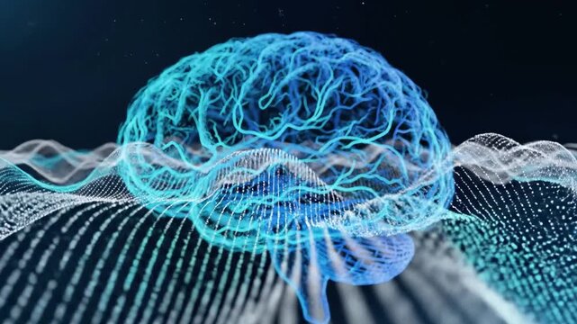 A digital representation of a human brain composed of tiny blue and white dots