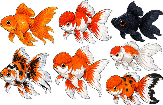 Premium Fancy Goldfish Vector Set Featuring Oranda, Black Moor, Ryukin and Decorative Aquarium Fish Breeds, Realistic Ornamental Freshwater Fish Collection