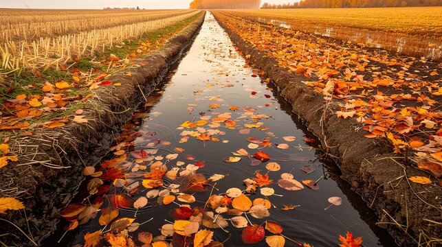 Irrigation ditch with floating leaves autumn field