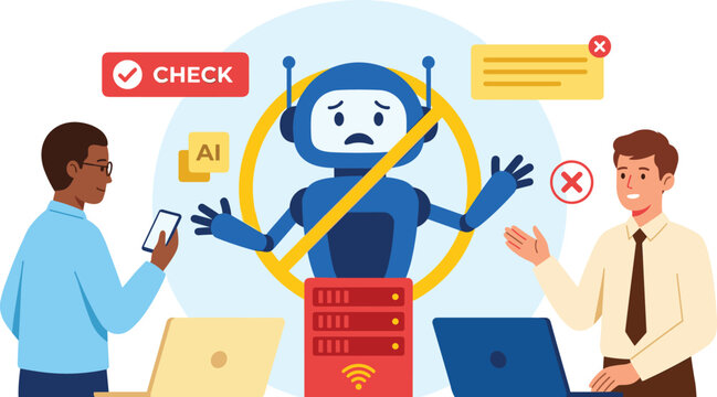 Sad robot character inside prohibition sign representing AI banned content moderation or technology error vector illustration