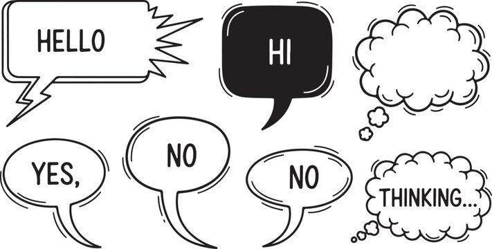 A collection of black and white doodle speech bubbles and thought clouds containing simple conversational text like "hello," "hi," "yes," "no," and "thinking."