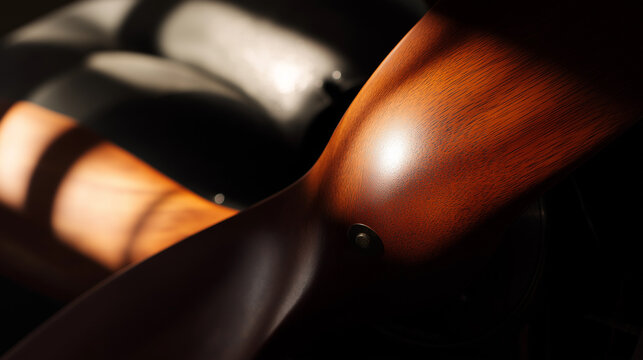 monoplane. The wooden propeller of a vintage monoplane in a quiet hangar. mobility guides, transit brochures, designed for mobility and urban transit guides, improves user orientation.