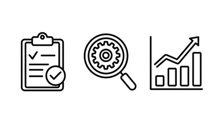 Checklist Magnifying Glass With Gears And Growth Chart Line Icons On White © MSTMARIA