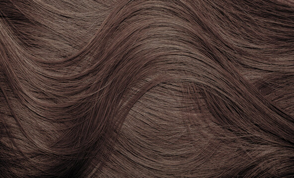 Brown hair close-up as a background. Women's long brown hair. Beautifully styled wavy shiny curls. Hair coloring. Hairdressing procedures, extension.