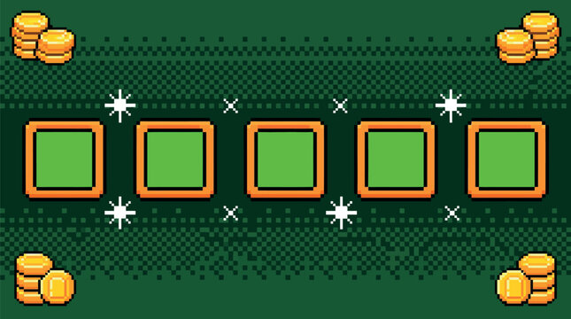 Pixel art game interface with gold coins and inventory slots, retro 8-bit gambling background with sparkling stars, vintage arcade casino screen vector for mobile app user interface.