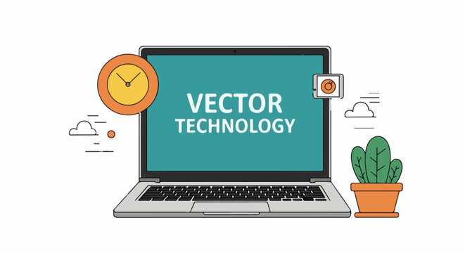 A cartoon laptop displays "VECTOR TECHNOLOGY" on its teal screen
