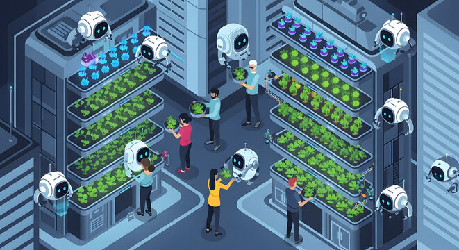 Artificial intelligence robots and humans working in vertical farm
