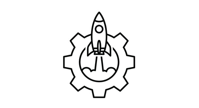 Rocket ship and gear icon black line art on white background