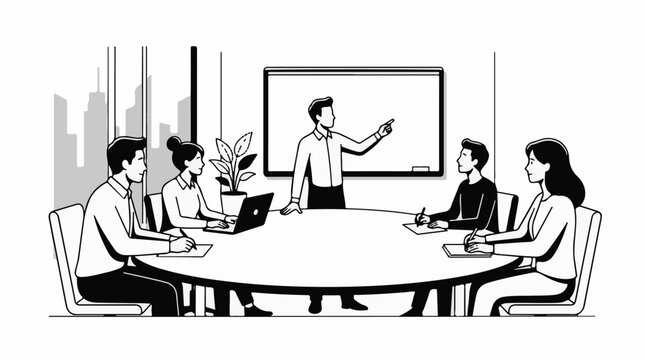 A black and white illustration of a man presenting to a group of four people in a meeting