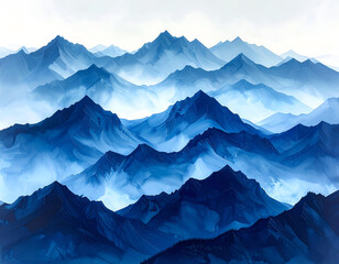 Fototapeta premium Misty Blue Mountain Range Landscape Painting.
