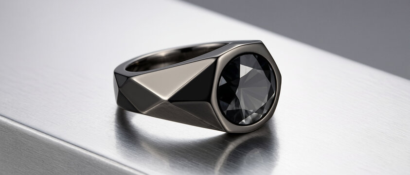 A sleek black metal ring with a faceted band and large dark gemstone, reflecting modern elegance on a brushed metallic surface.