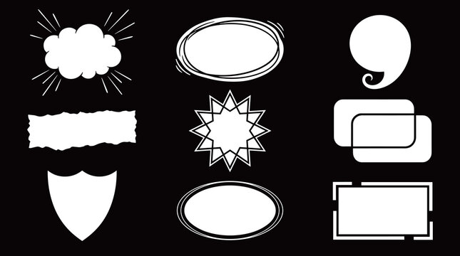 Diverse hand drawn text boxes and conceptual frames graphic asset collection. White decorative borders, shield badge, and scribble oval outlines.