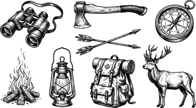 Hand drawn camping adventure vector illustration set featuring vintage binoculars hatchet compass campfire lantern backpack arrows and wild deer isolated on white background.